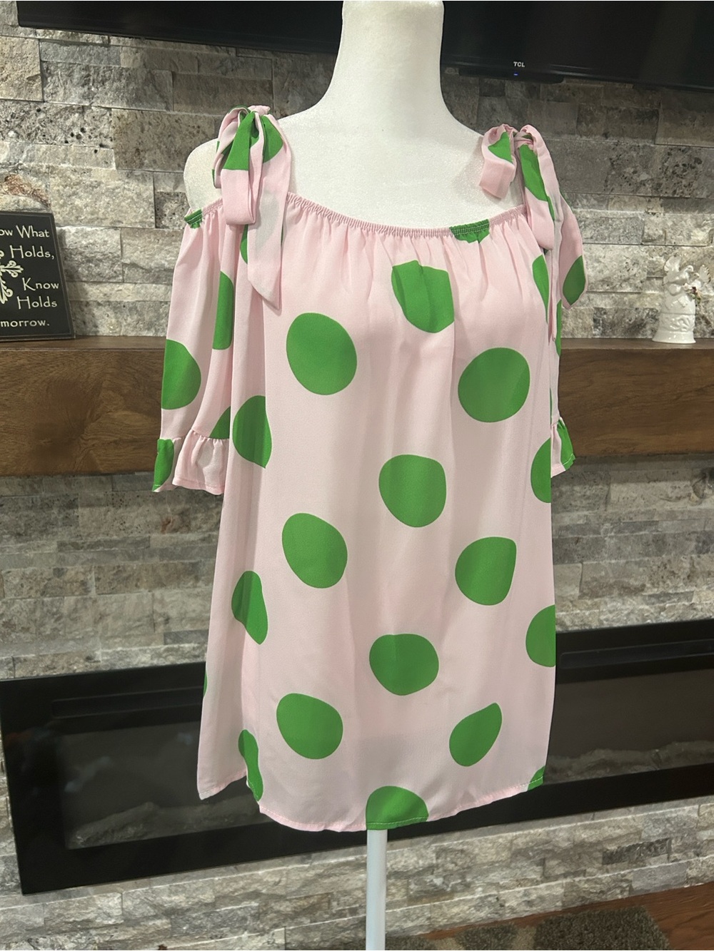 Vine & Love Pink Tunic with Green Polka Dots and Tie Shoulders NWOT size small